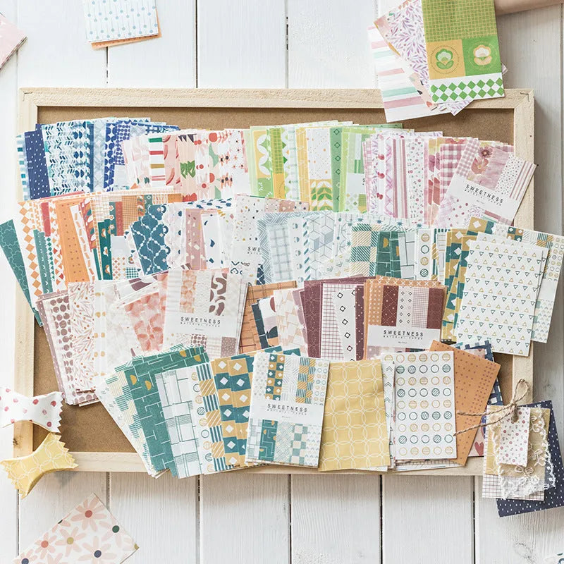 Pack of fifty retro dessert-themed collage note papers in assorted colours, each sheet 56mm by 83mm.