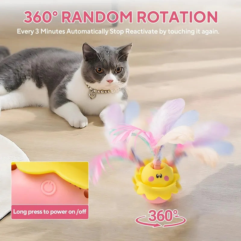 Pink interactive automatic cat feather toy with LED lights, chirping sound, and 360° rotation for indoor cats.