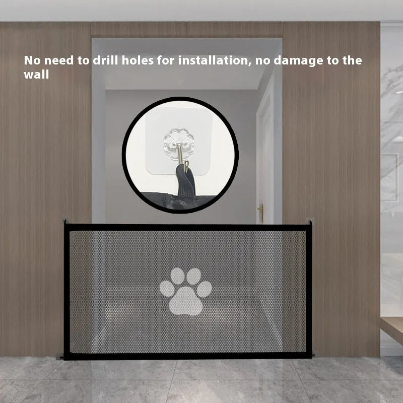 Portable folding cloth dog barrier net with plastic rod doorsill in black or white dog footprint design.