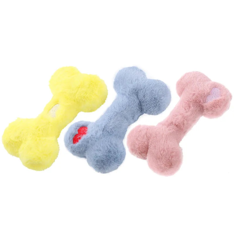 Blue bone-shaped plush dog toy with squeaker and grinding teeth texture for interactive play