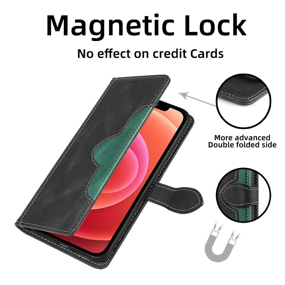 Flip phone case with card slot and kickstand bracket for Apple iPhone, available in black, brown, red, blue