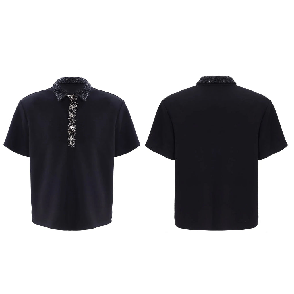 Men's loose fit polyester polo shirt with square collar, short sleeves and embroidery sequin decorative details