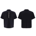 Men's loose fit polyester polo shirt with square collar, short sleeves and embroidery sequin decorative details