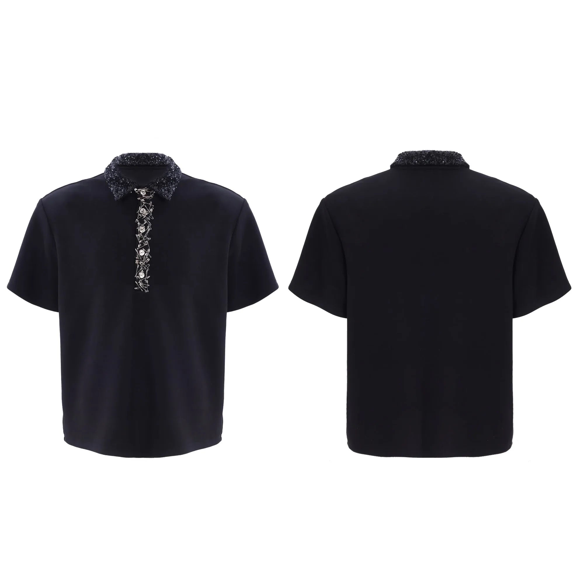Men's loose fit polyester polo shirt with square collar, short sleeves and embroidery sequin decorative details
