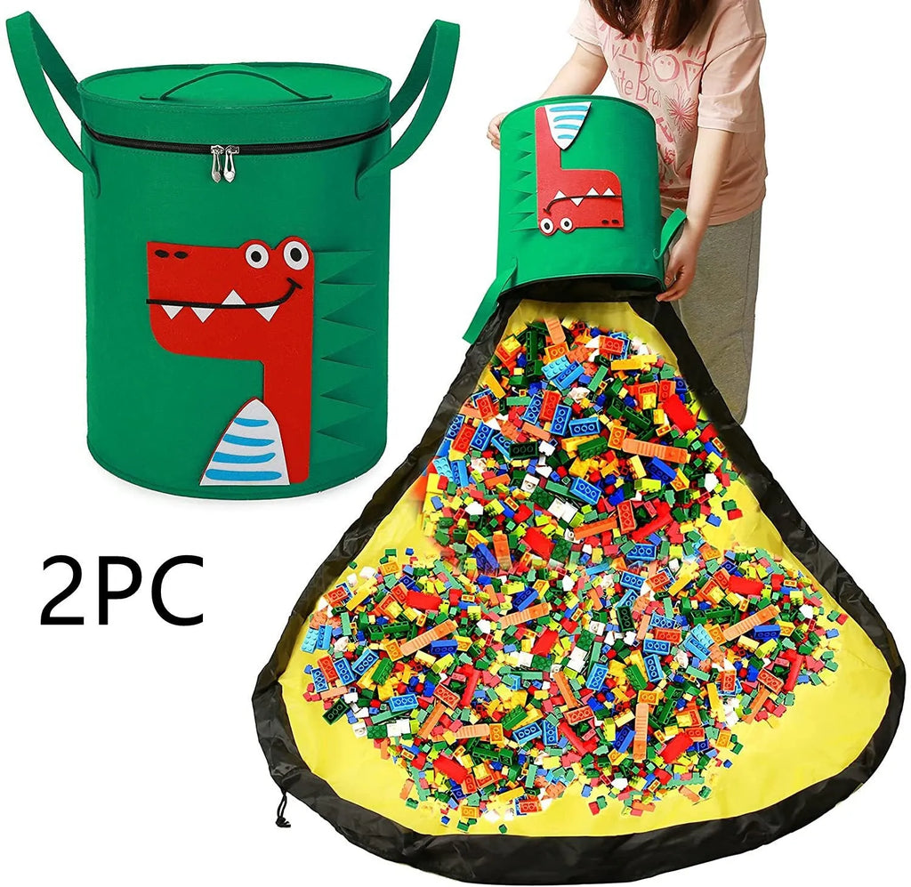 Green foldable felt cube storage bag with pull rope, shown both as a container and laid flat as a play mat.
