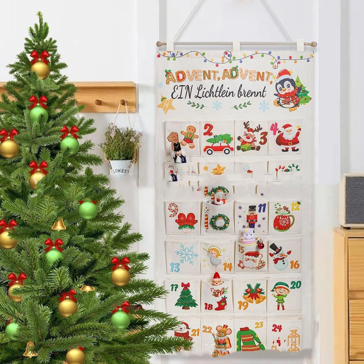 50x100cm brocade Christmas countdown gift bag with screen-printed design in Color 01