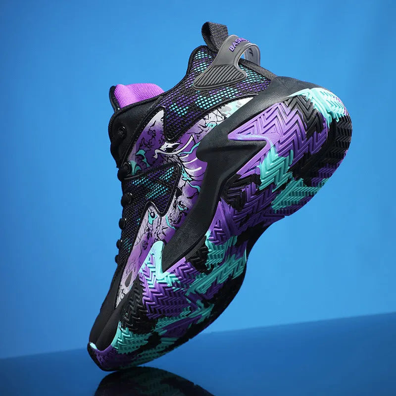Men's breathable high top basketball shoe graffiti colour block non-slip rubber outsole front tie-up