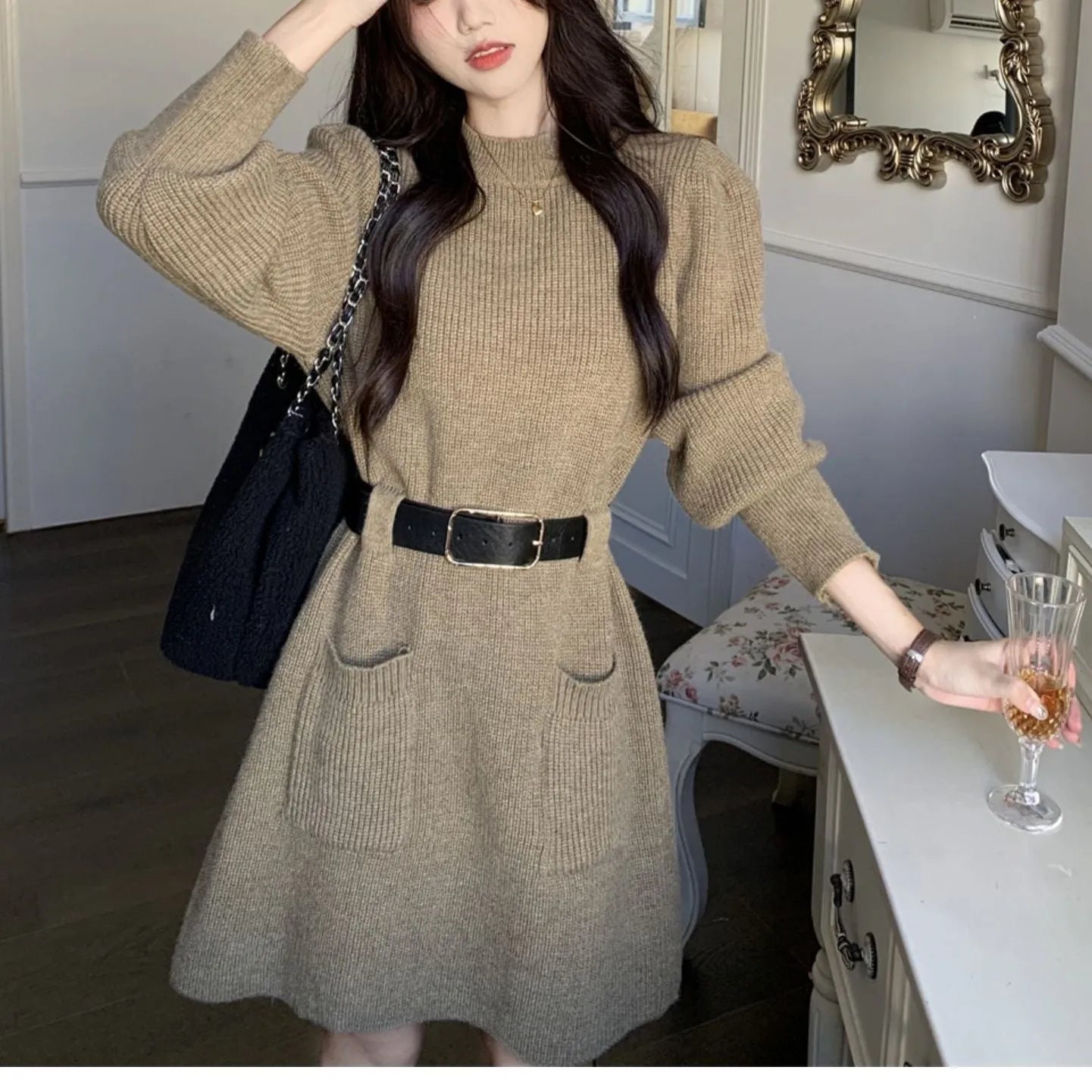 Women's beige loose knitted long sleeve dress with high waist and black belt