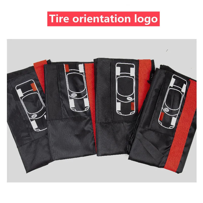 Set of four Oxford cloth 210D polyester car tyre protective covers with belt closure in black or red styles