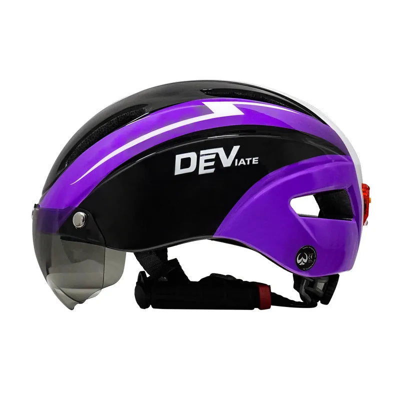 Adult cycling helmet with integrated red taillight on the back, shown in a blue, white, and black colour scheme.