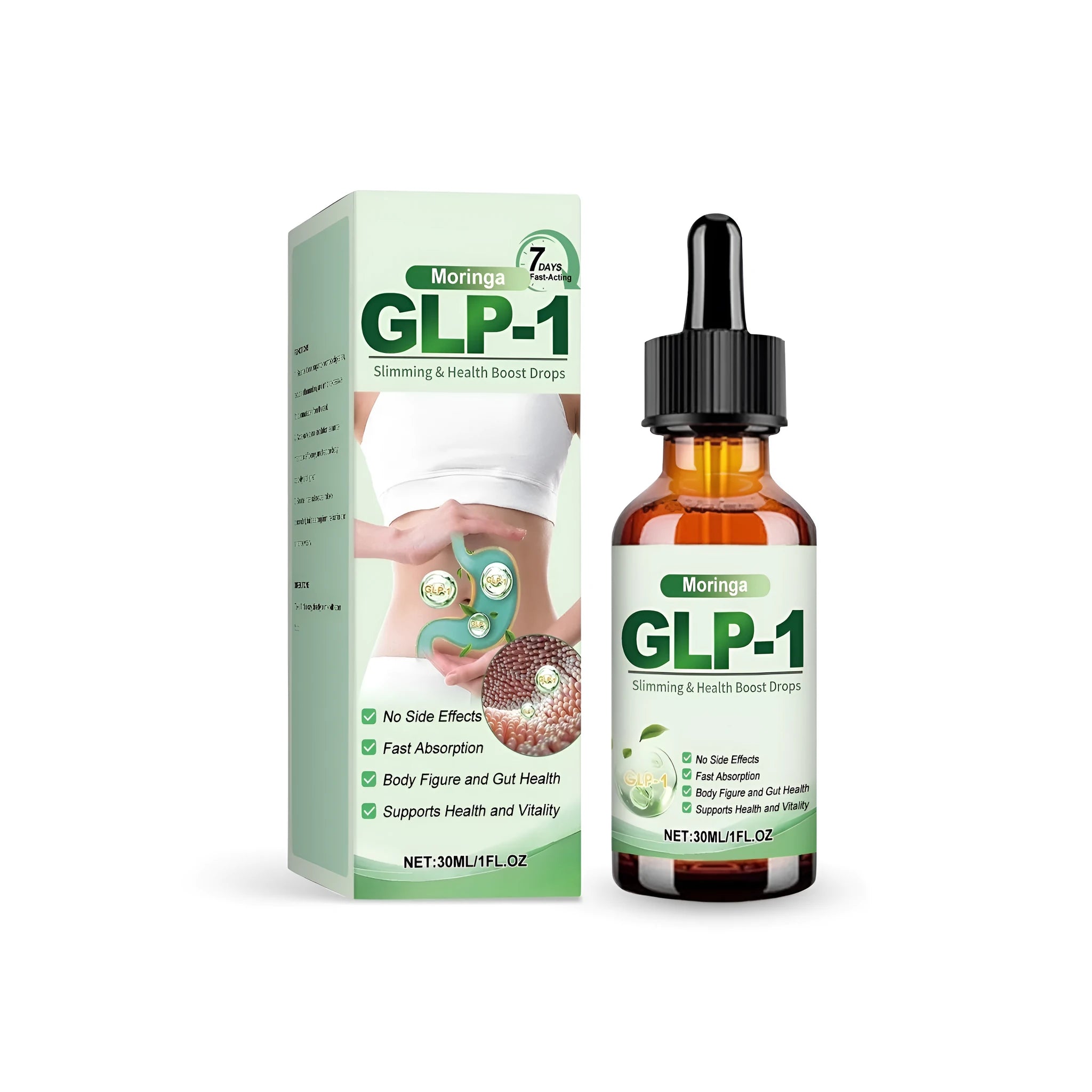 30ml glass dropper bottle of moringa leaf extract slimming and wellness supplement drops.