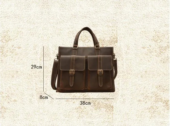 Handmade vintage dark brown top layer cowhide men's briefcase with 15-inch laptop slot and internal pockets