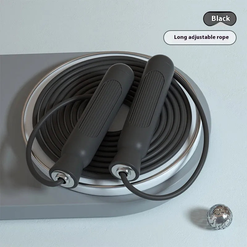 Black adjustable exam training skipping rope with wire construction and handles