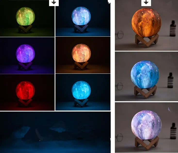 3D-printed spherical lunar night light with remote control on a dark surface.