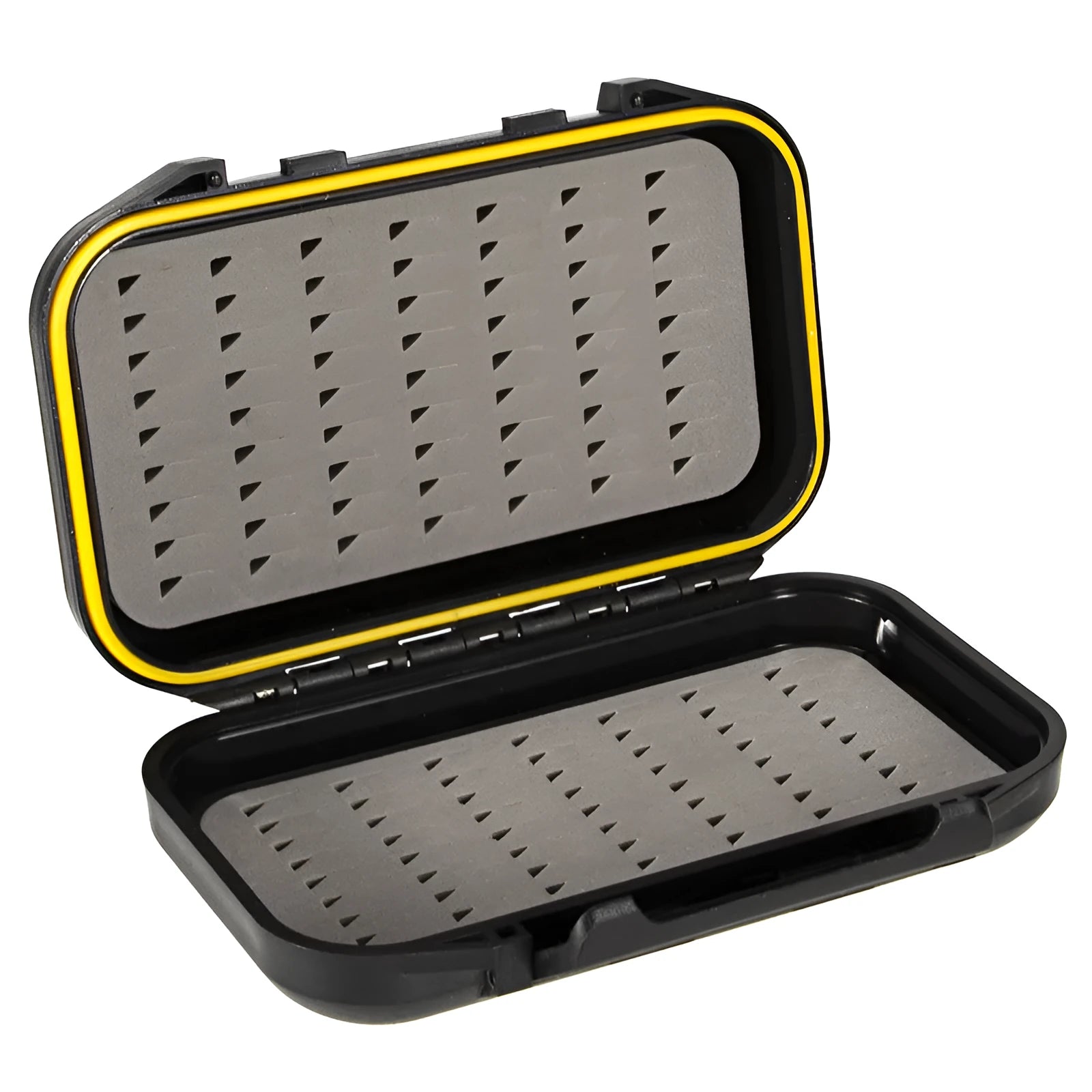 Black waterproof double-sided fly box with foam inserts and silicone sealing ring, 135x80x30mm