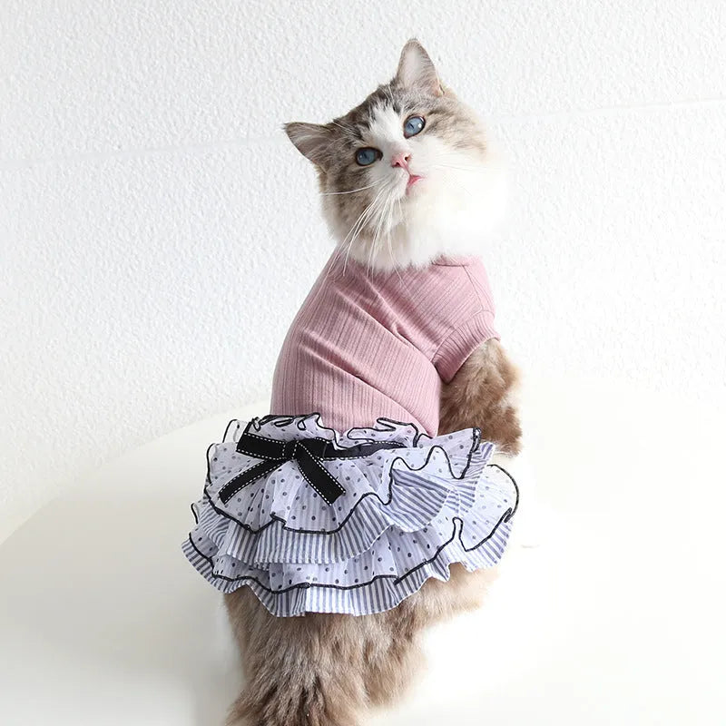 Polka dot lace princess dress for small pets with tulle skirt in purple, black, or coffee colours