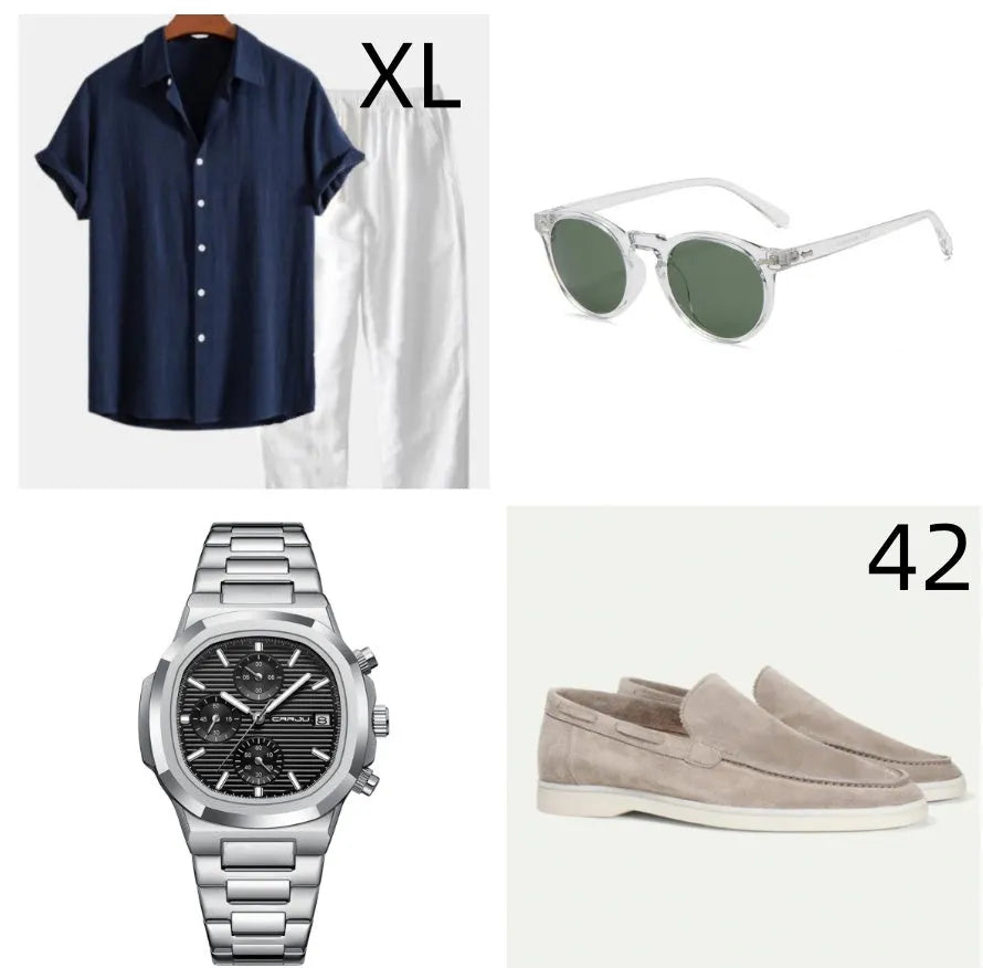 Men's casual cotton linen short sleeve suit in loose beachwear style with half sleeves and trousers