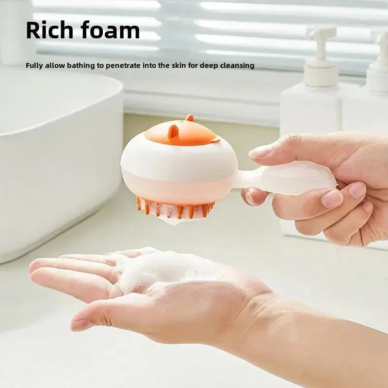 Automatic pet bath brush with soft gel massage heads in blue and orange colour options