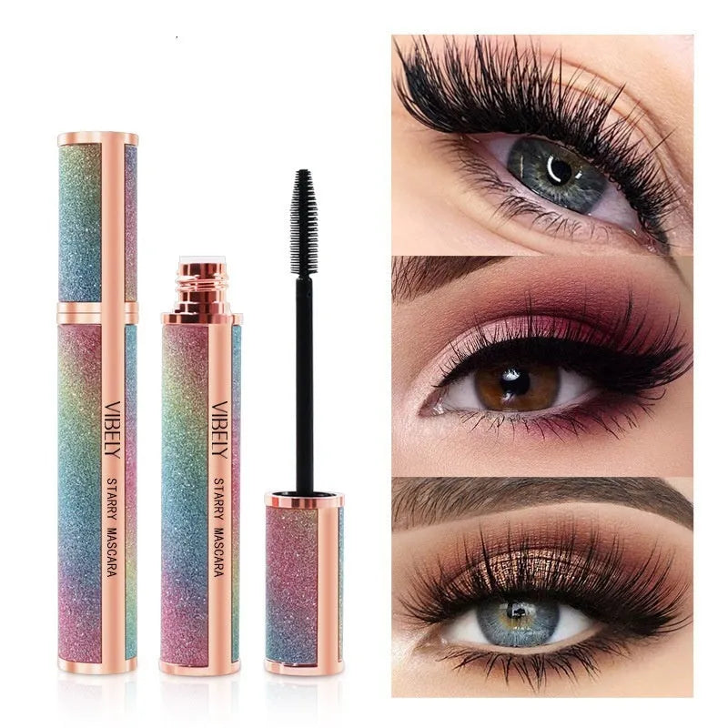Black waterproof mascara creating 4D curl effect with long thick lashes in English packaging