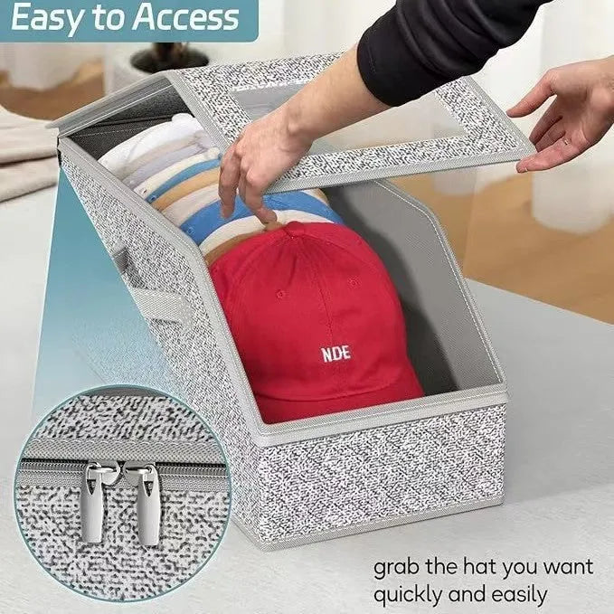 Grey foldable woven fabric storage box with lid, shown with dimensions 42cm long by 22cm wide by 17cm high.
