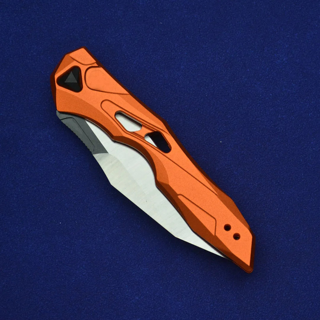 Black folding fruit knife with D2 steel blade and aviation aluminium handle in open position