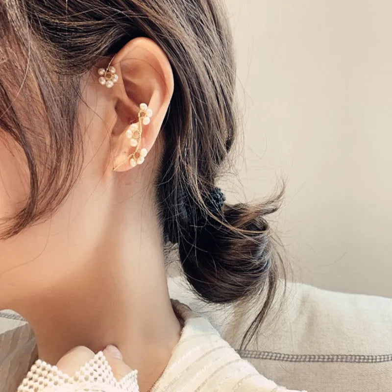 Hand-woven flower pearl earrings for women with geometric design, available in freshwater pearl or artificial pearl