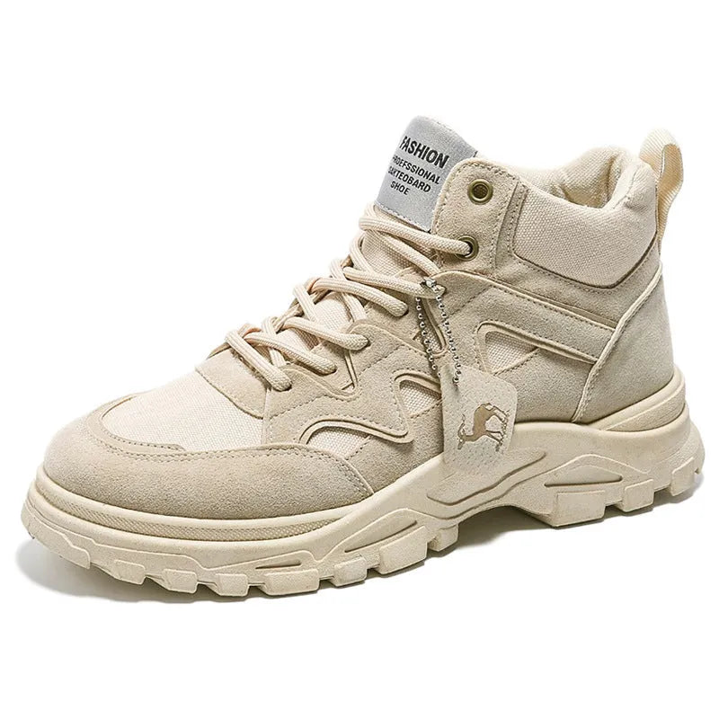 Men's high-top casual shoes with thick sole, mid heel 3-5cm, artificial PU upper, cotton lining, front lace-up, black khaki beige brown.