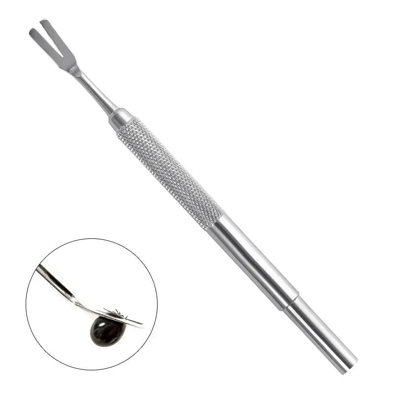 Close-up of silver stainless steel tick removal tweezers with fine pointed tip.