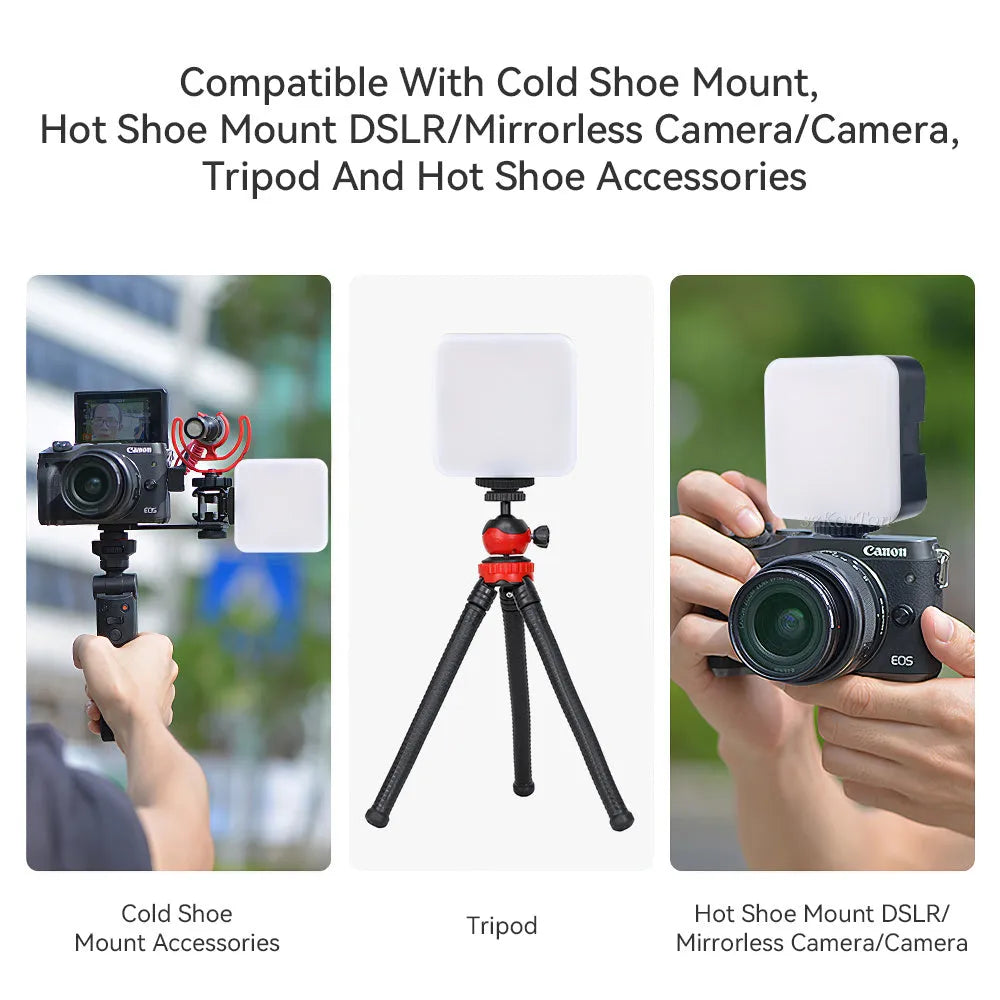 LED mini square outdoor pocket light tripod flash unit showing compact dimensions and rotatable head