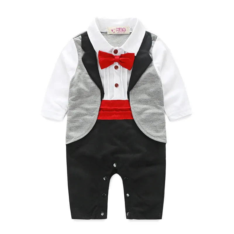 Boys' long-sleeved gentleman romper in black with formal collar, front view, available in sizes 70-95