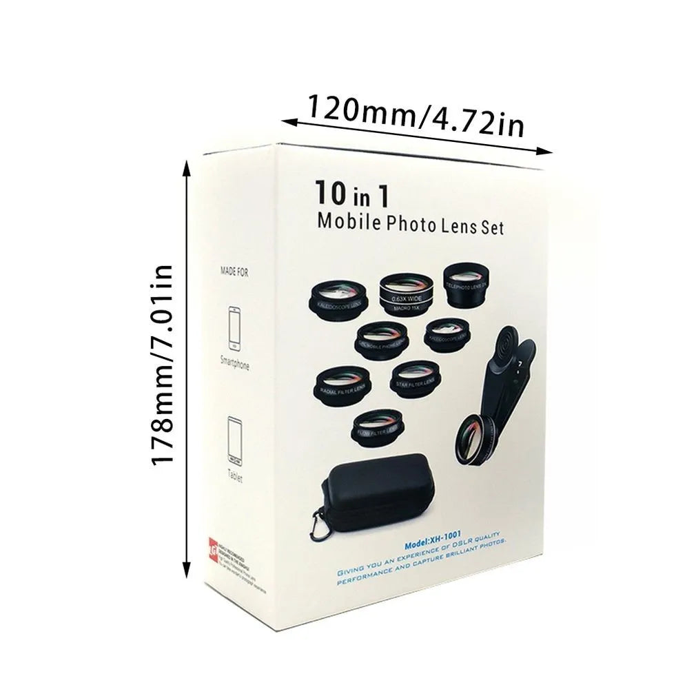 Black ten-in-one smartphone camera lens kit with aluminium-magnesium alloy body on a table.
