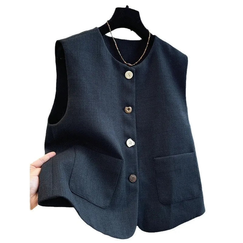 Women's French style bandage dress vest with round neck and sleeveless design in polyester fabric