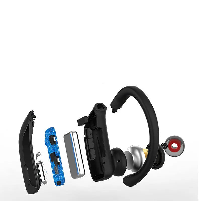 Black wireless Bluetooth headphones with LED digital display and hanging ear design