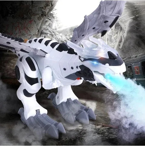 Remote control dinosaur robot in green or white with handheld remote, swinging tail, missile launch, voice and touch interaction