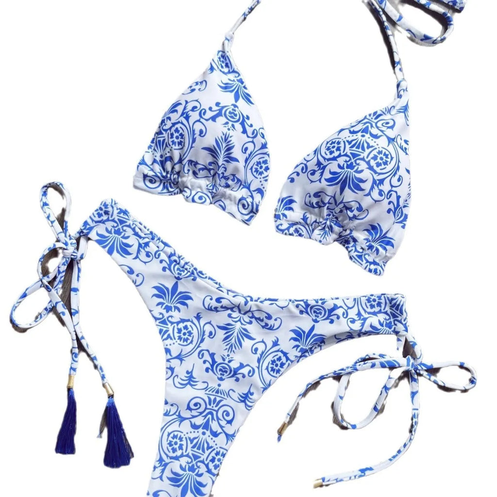 Women's blue and white porcelain printed bikini set with high elasticity and cotton lining for swimming