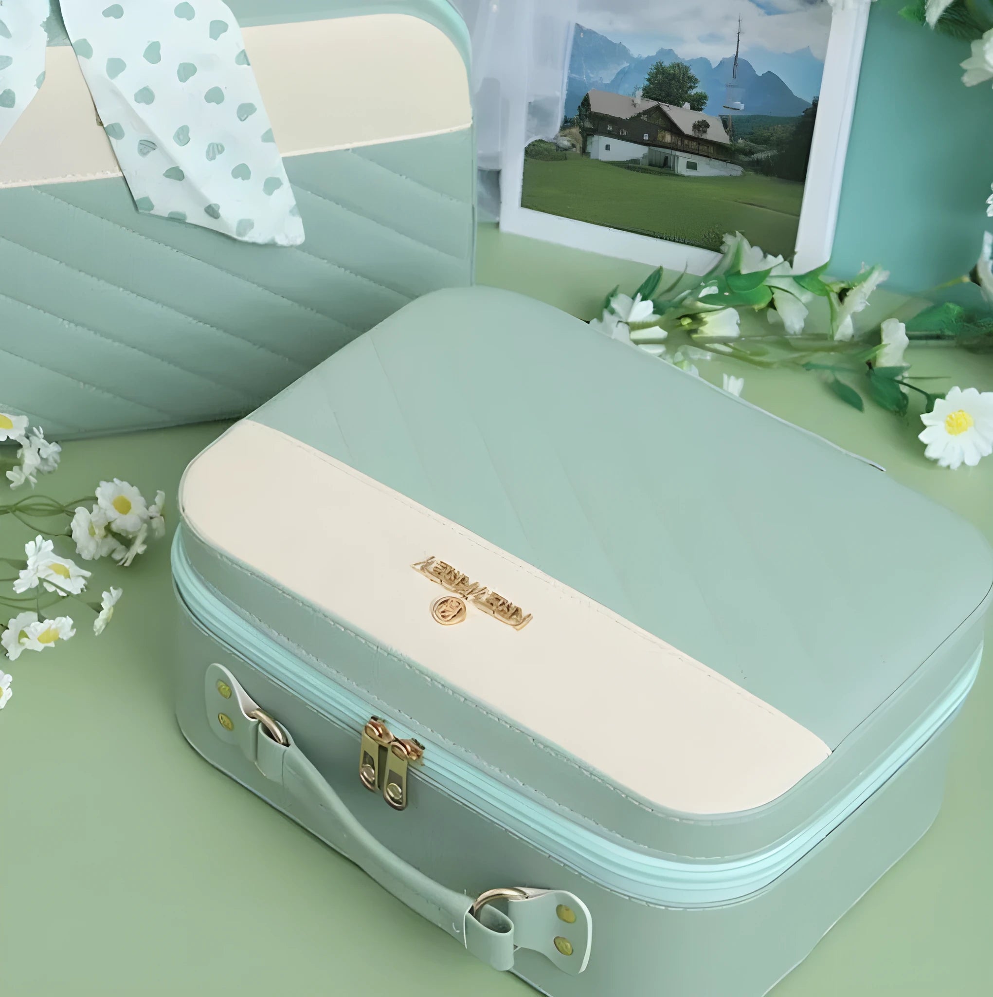 Leather creative gift blind box luggage set in green with business style design