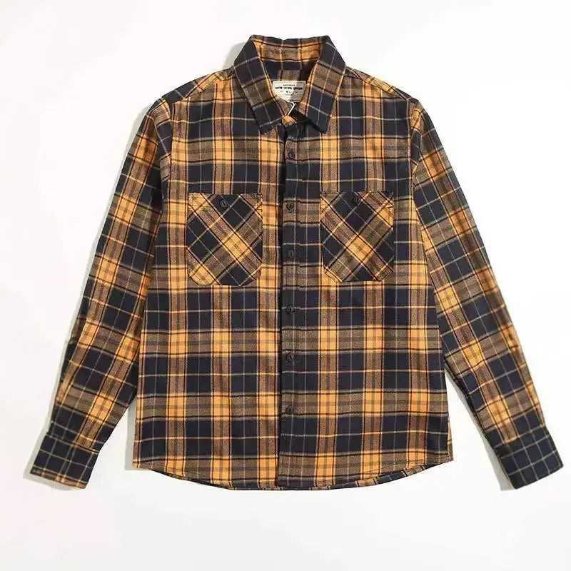 Men's thickened double pocket overalls long sleeve shirt in plaid pattern, loose cardigan fit, spandex blend, available in yellow