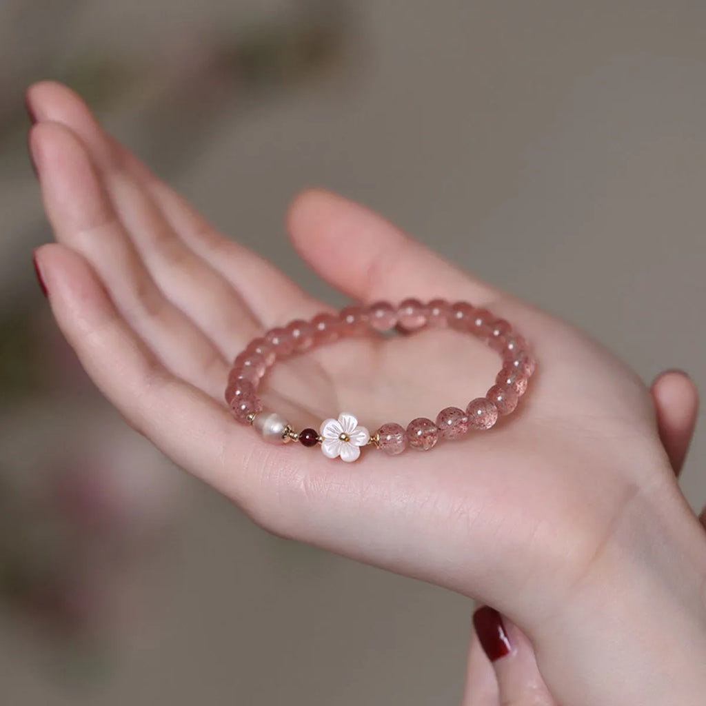 Crystal floral bracelet in strawberry quartz colour with adjustable design for women