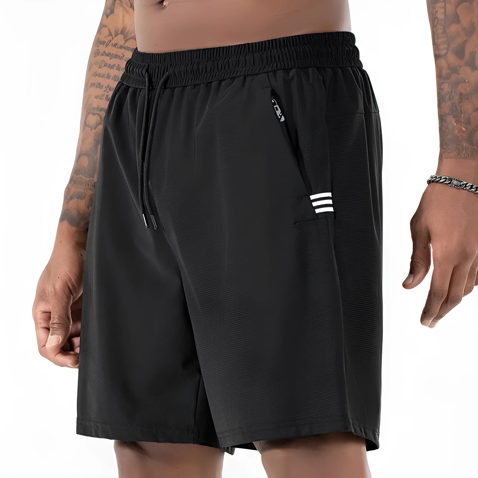 Men's black Ice Silk nylon quick-dry sports shorts with a high waist drawstring and cropped leg.
