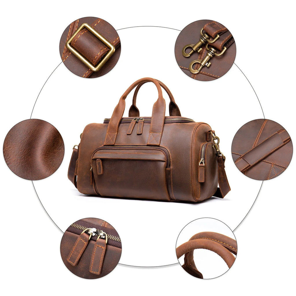 Leather men's hand luggage bag large capacity retro coffee colour with shoulder strap