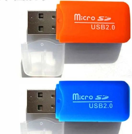 Mini USB memory card reader adapter showing SD and TF card ports.