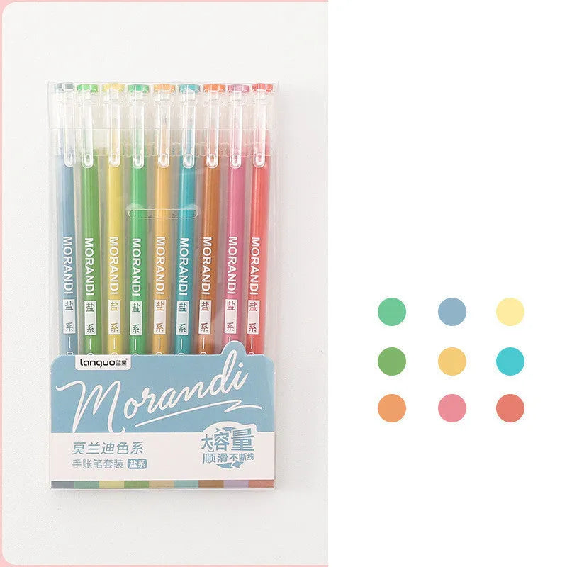 Set of nine solid colour gel pens with 0.5mm needle tips for student notes and journaling