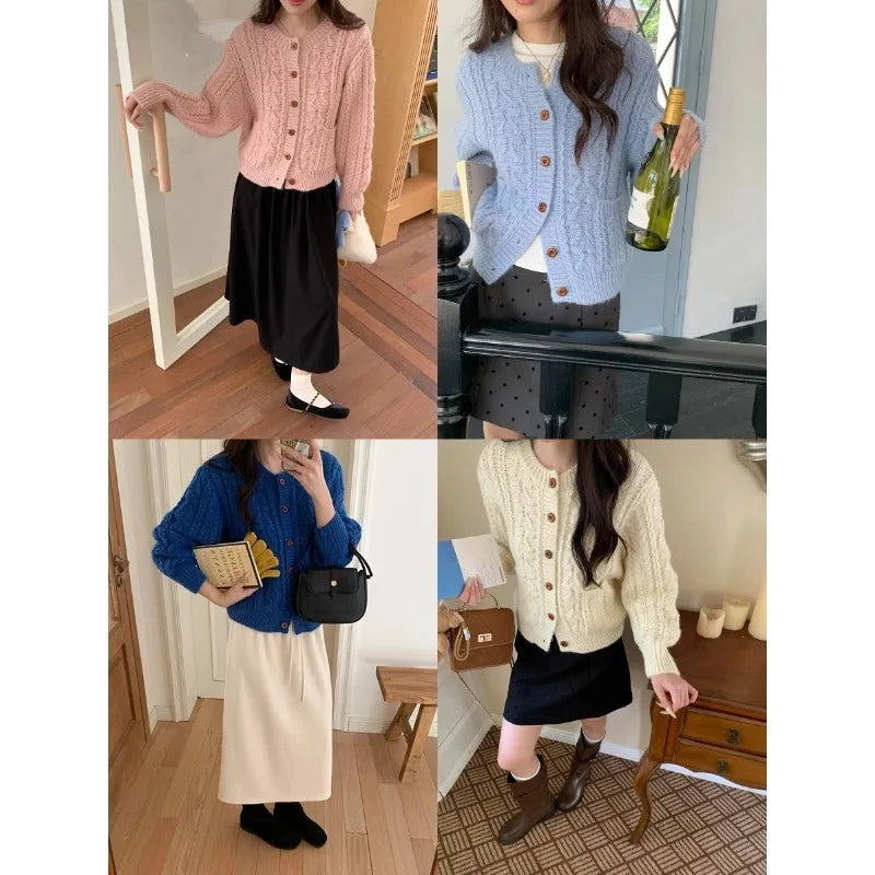 Women's thick needle twisted texture knitted cardigan in solid colour, short 40cm length, front view