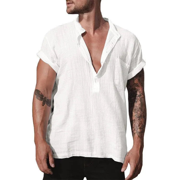 Loose 80% flax solid colour short sleeve shirt with stand neck and front pocket