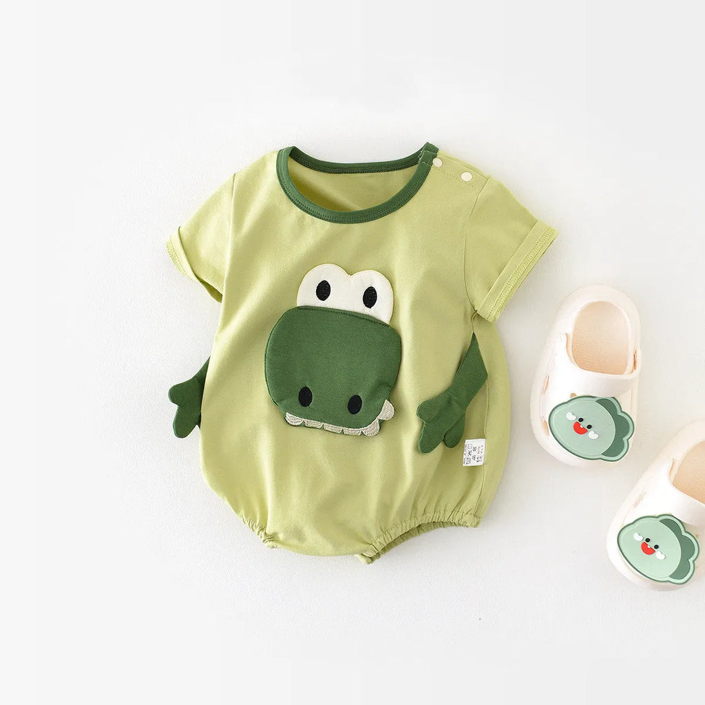 Light green cotton cartoon dinosaur full moon jumpsuit for infants with pullover closure