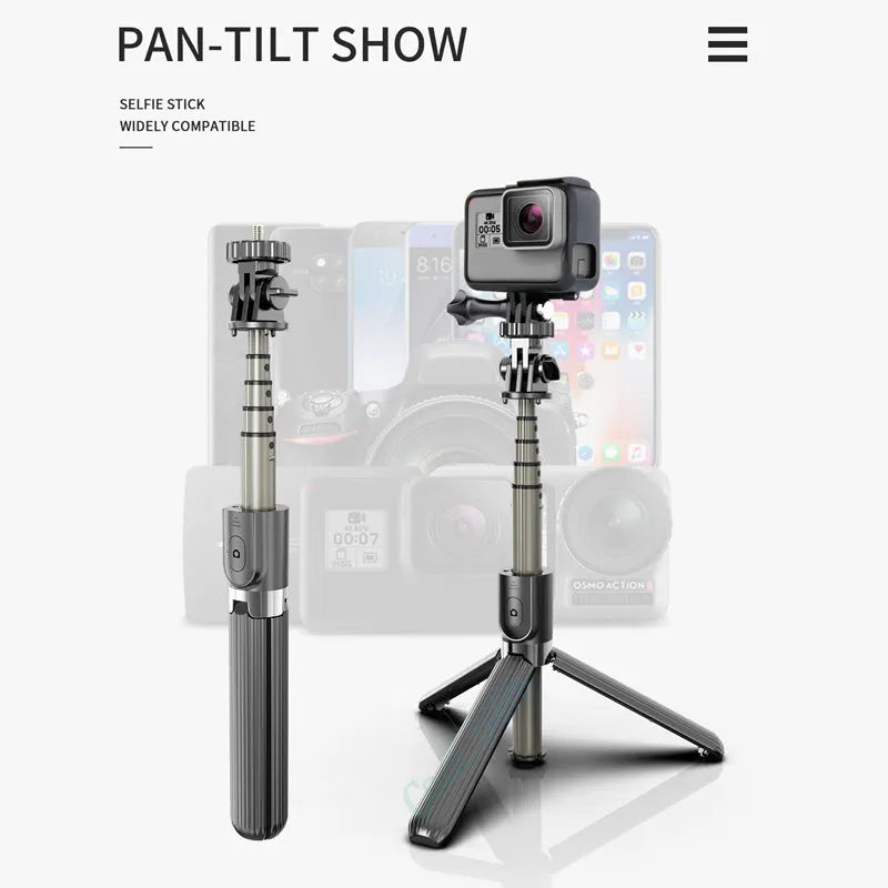 Black aluminium tripod selfie stick extended next to Apple iPhone