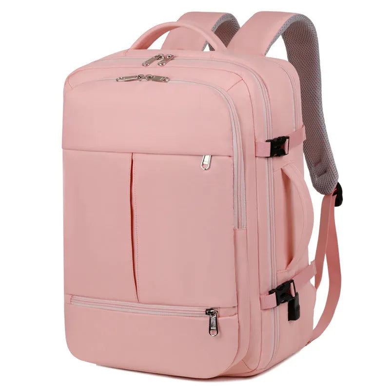 Large waterproof Oxford cloth backpack in a choice of colours, shown with multiple zippered pockets and a 15.6-inch laptop.