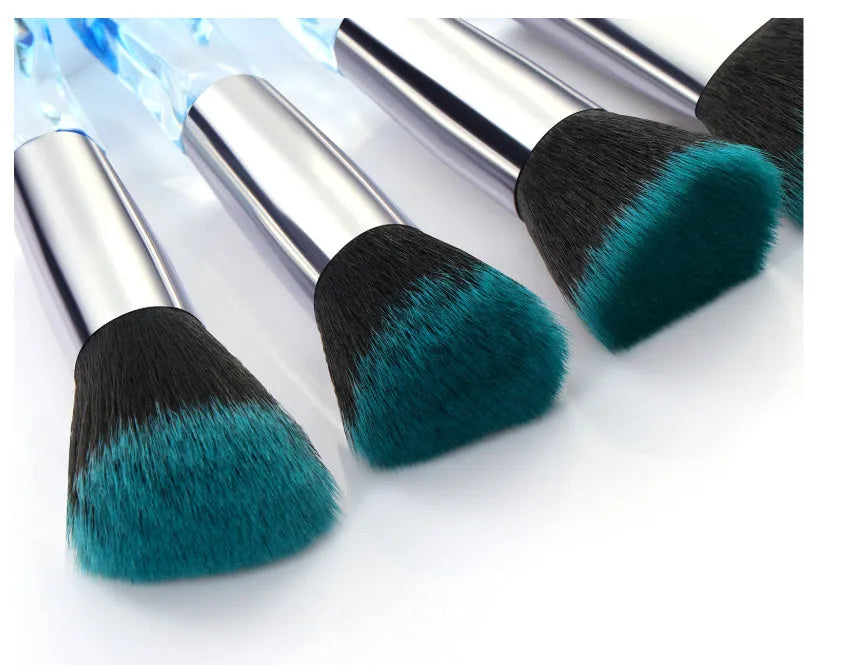 Ten clear crystal handle foundation brushes with artificial fibre bristles in four colours