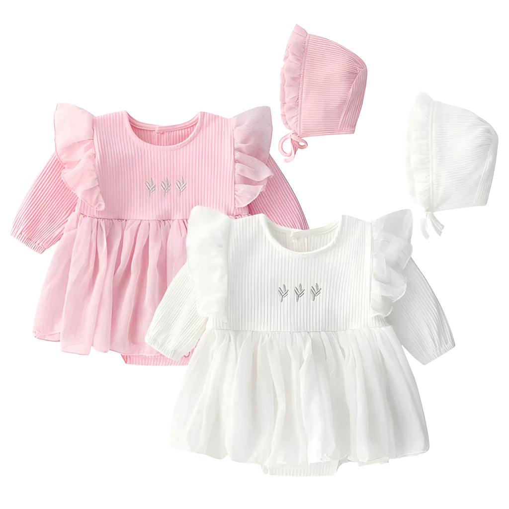 Soft cotton fluffy baby princess dress in pink, shown on a hanger.