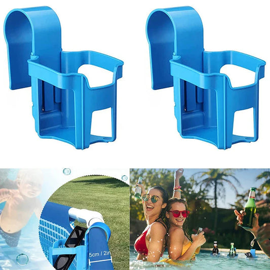 Poolside drink holder securely clips onto pool edge to hold beverages for kids and adults, preventing spills